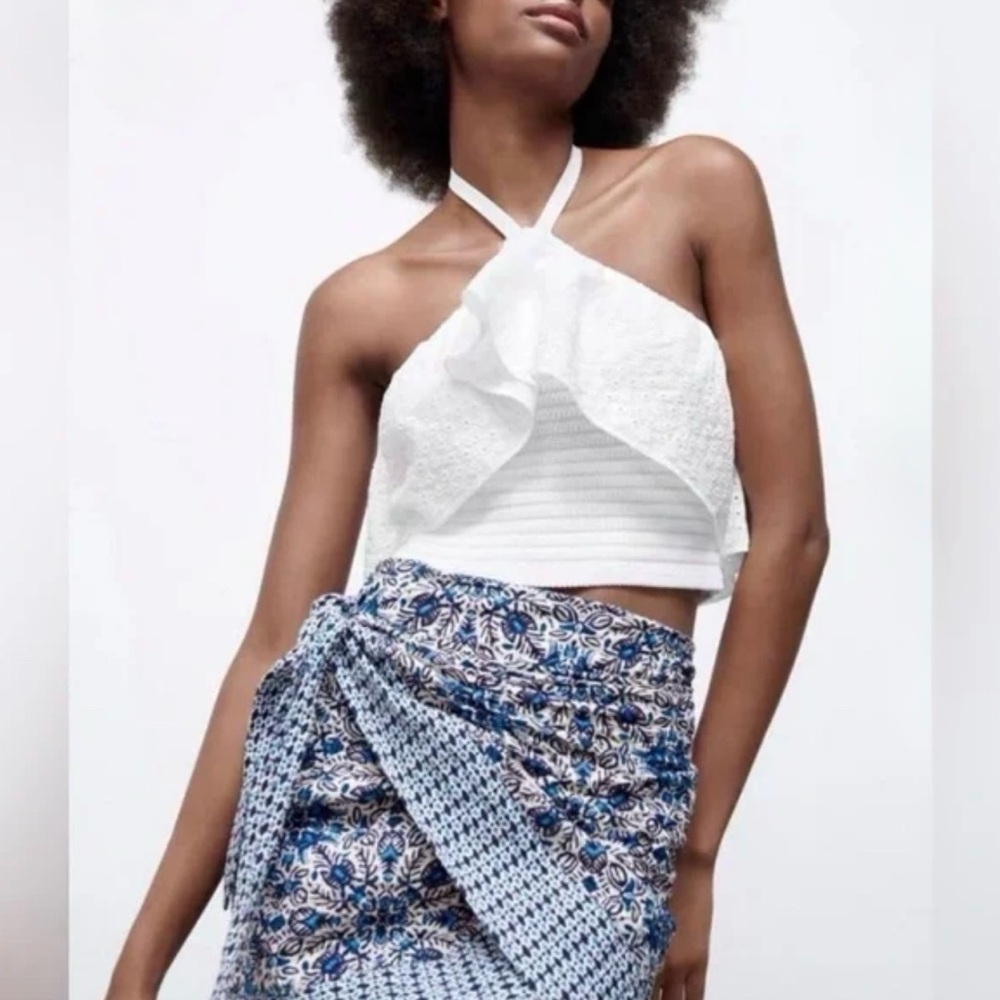 Zara NWOT white knit halter eyelet ruffle crop top